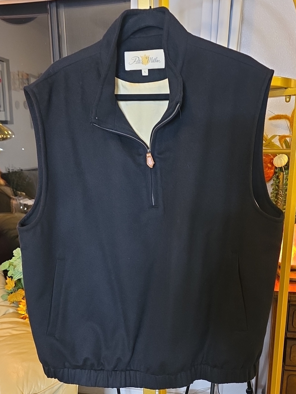 Peter Millar Black Men's Sleeveless Cashmere Golf Silk Quarter-Zip Vest Large